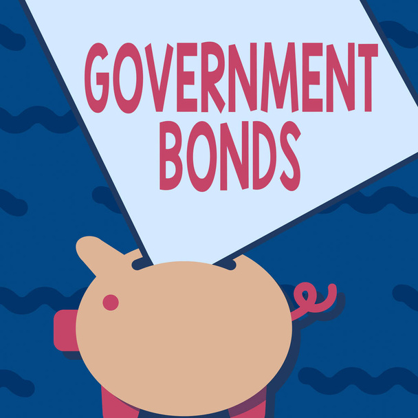 Writing displaying text Government Bonds. Business concept debt security issued by a government to support spending Piggy Bank Drawing With Large Sheet Of Paper Stuck In The Hole. - Fotoğraf, Görsel