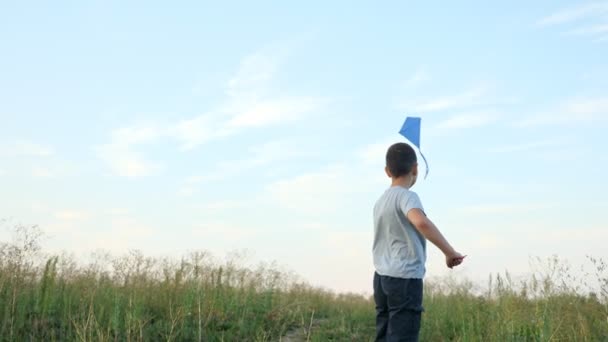 Onherkenbare jongen die met een blauwe vlieger de lucht in vliegt - Video
