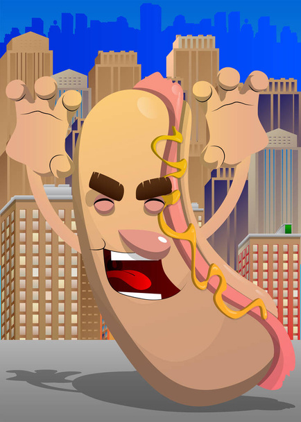 Hot Dog essaie de te faire peur. American fast food comme un personnage de dessin animé avec le visage. - Vecteur, image