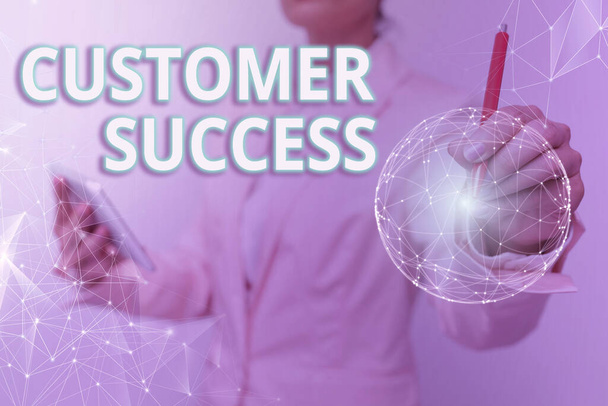 Text sign showing Customer Success. Business approach customers achieve desired outcomes while using your product Woman In Suit Holding Tablet With Circular Holographic Display. - Foto, afbeelding