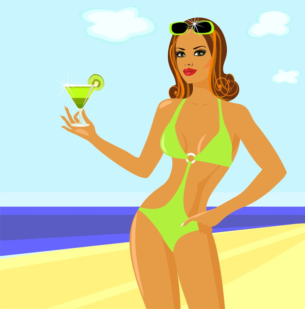 Girl with a cocktail on the beach. - Vector, imagen