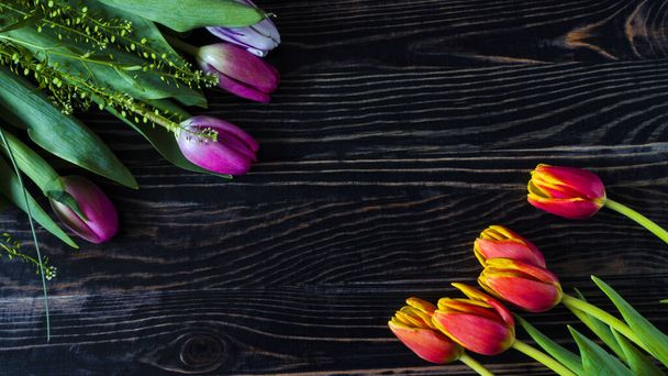flatly floral arrangement of red-yellow and lilac tulips with decor on a dark wooden background top view - Foto, Bild