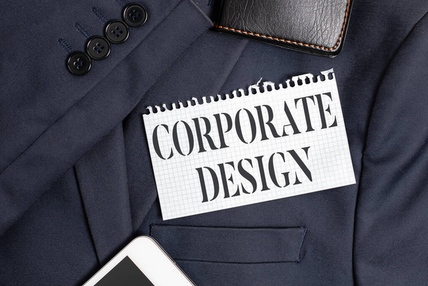 Conceptual display Corporate Design. Concept meaning official graphical design of the logo and name of a company Presenting New Proper Work Attire Designs, Displaying Formal Office Clothes - Photo, image