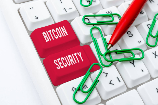 Hand writing sign Bitcoin Security. Internet Concept funds are locked in a public key cryptography system Posting New Social Media Content, Abstract Creating Online Blog Page - 写真・画像