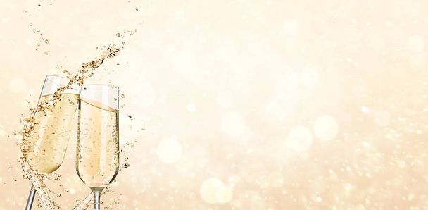 Glasses with sparkling wine and splashes on light background, space for text. Banner design - Foto, Imagem