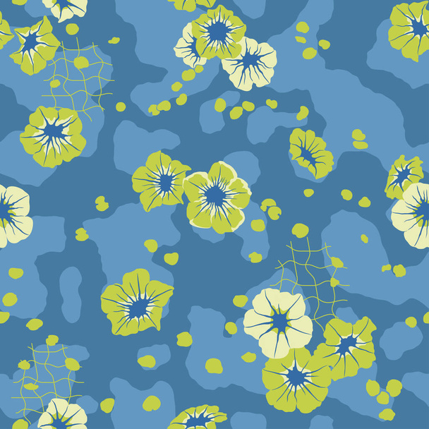 Vintage flowers and petals pattern. Seamless texture. Fabric print. Provence style cute wallpaper. Blue colors textiles. Vector background - Vector, Imagen