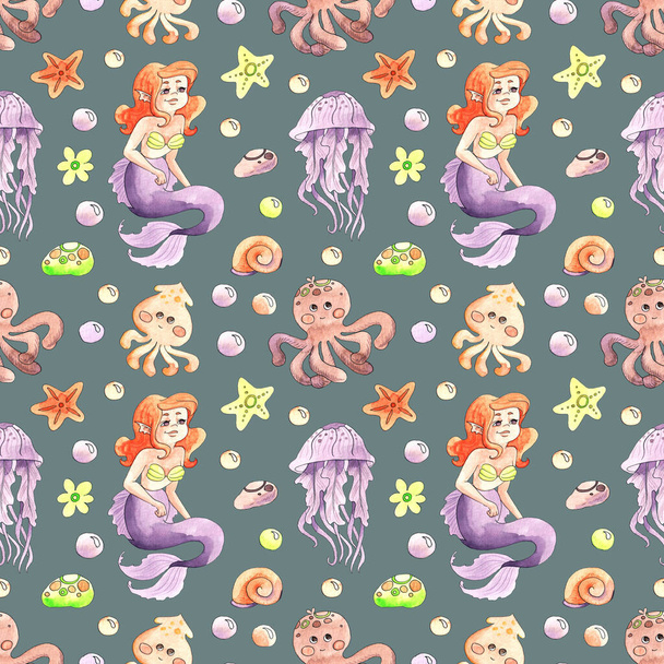 Seamless pattern with pretty mermaid and sea elements. Texture for wrapping paper, fabric, cards, wallpaper and packaging. Watercolor illustrations. - Foto, afbeelding