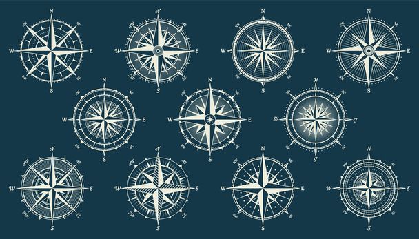 Ročník mořského větru, plavební mapa. Monochromatický navigační kompas s hlavními směry severu, východu, jihu a západu. Zeměpisná poloha, kartografie a navigace. Vektorová ilustrace. - Vektor, obrázek