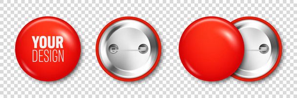 Realistische rode blanco badge. 3D glanzende ronde knop. Pin badge model. Vectorillustratie. - Vector, afbeelding