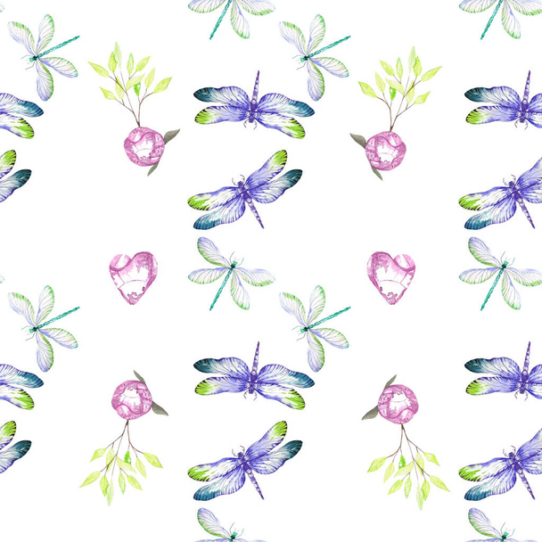 Watercolor pattern with dragonflies and flowers on a white background. Texture for cards, fabrics, wallpaper, design. - Фото, зображення