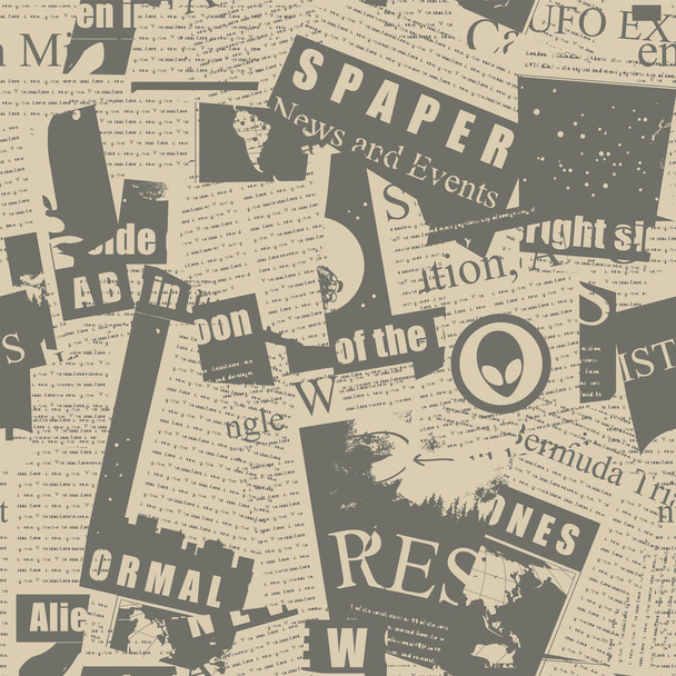 Monochrome seamless pattern with a collage of newspaper clippings. Abstract vector background with unreadable text, headlines and illustrations on aliens topic. Wallpaper, wrapping paper or fabric - Vector, Imagen