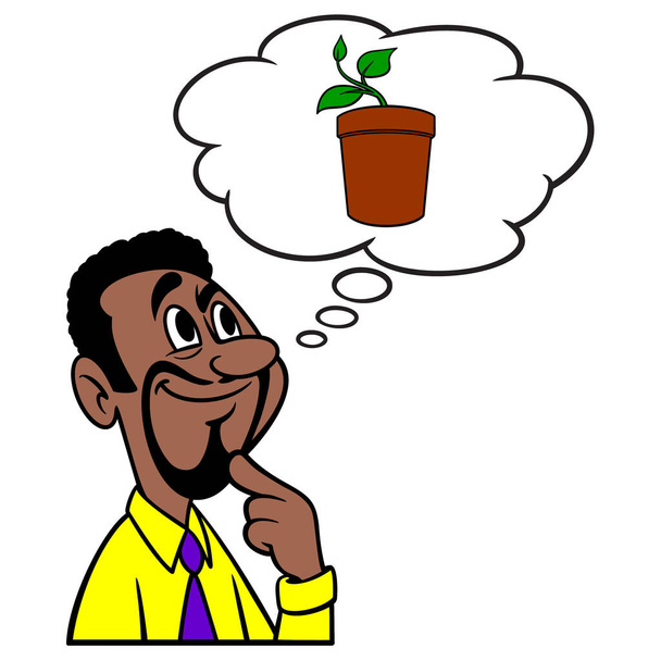 Homem pensando em começar um jardim - Uma ilustração dos desenhos animados de um homem pensando em começar um jardim. - Vetor, Imagem