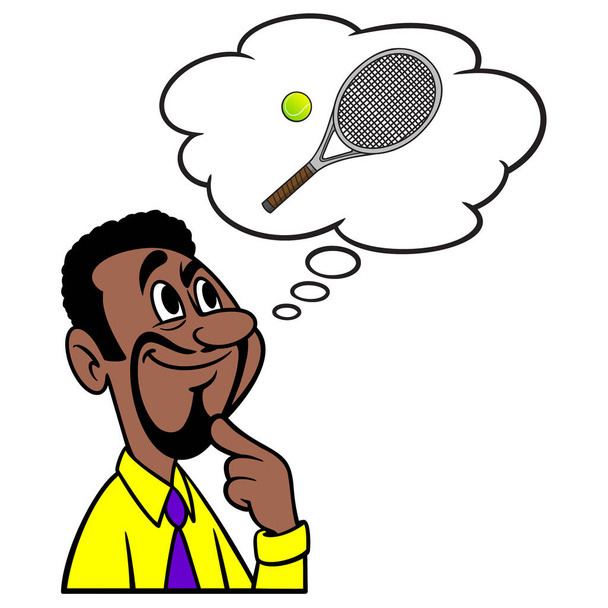 Man thinking about Tennis - A cartoon illustration of a man thinking about playing a game of Tennis. - Vector, Image