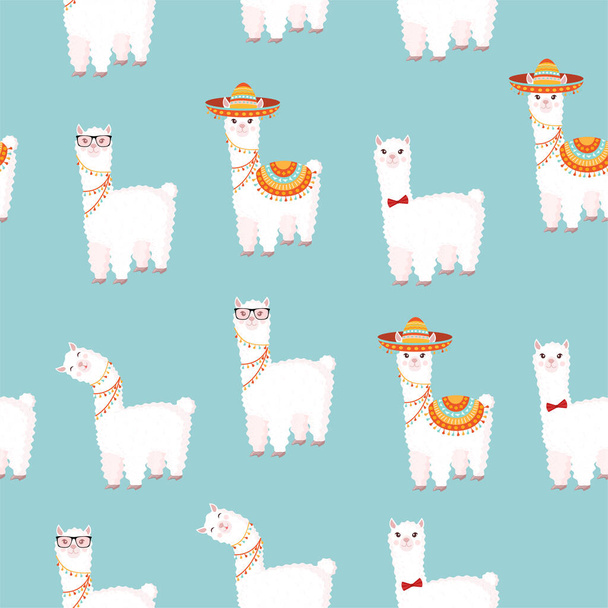 Seamless pattern with funny llamas in sombrero and glasses on a blue background. Vector illustration suitable for baby texture, textile, fabric, poster, greeting card, decor. Cute alpaca from Peru - Vettoriali, immagini