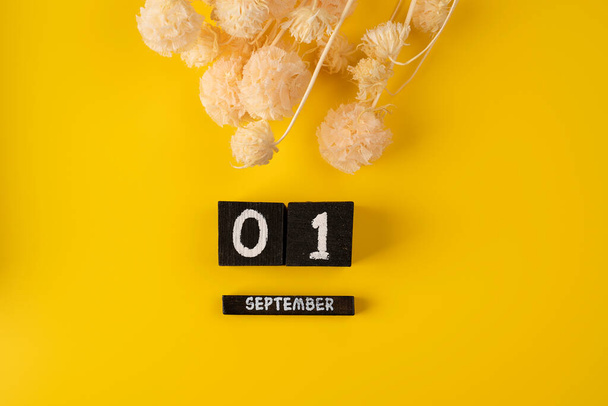1 сентября, Wooden Календарь куб на желтом заднем плане для даты фон. назад в школу квартира лежала с сухими цветами - Фото, изображение