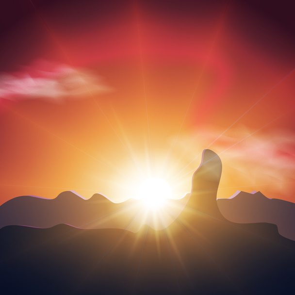 Beautiful sunset in the mountains. Orange sky, long and bright rays ofsun - Vector, Image