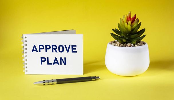 Approved plan. The text APPROVED PLAN is written on a notebook with a cactus on a yellow background. - Photo, Image