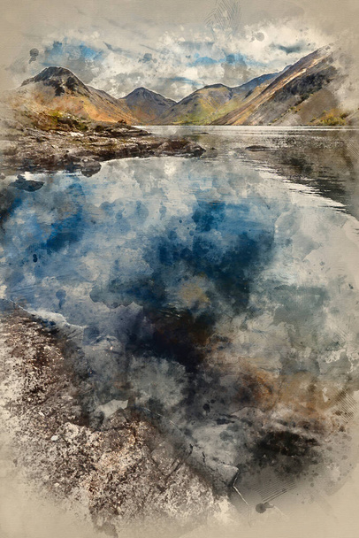 Ψηφιακή ακουαρέλα ζωγραφικής του εντυπωσιακού τοπίου των Wast Water και Lake District Peaks την καλοκαιρινή μέρα αντανακλάται στην τέλεια λίμνη - Φωτογραφία, εικόνα