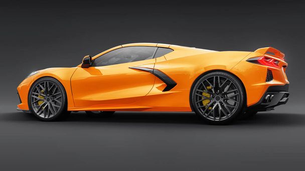 Ultra-modern narancssárga szuper sportkocsi középmotoros elrendezéssel, szürke, elszigetelt háttérrel. Egy autó a versenyzéshez a pályán és egyenesen. 3d illusztráció. - Fotó, kép