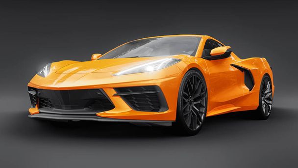 Ultranowoczesny pomarańczowy super sportowy samochód ze środkowym układem silnika na szarym, izolowanym tle. Samochód wyścigowy na torze i na prostej. Ilustracja 3D. - Zdjęcie, obraz