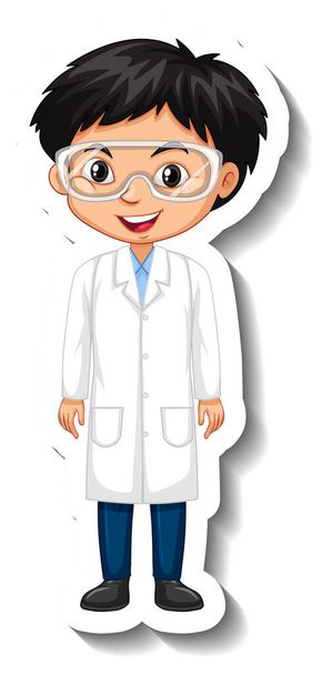 Cartoon-Charakter-Aufkleber mit einem Jungen im Wissenschaftskleid Illustration - Vektor, Bild