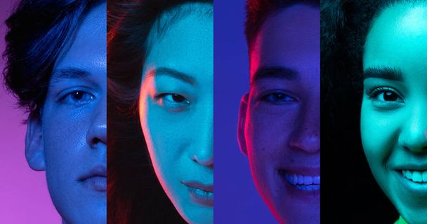 Cropped portraits of group of people, men and women on multicolored background in neon light, collage. - Fotografie, Obrázek