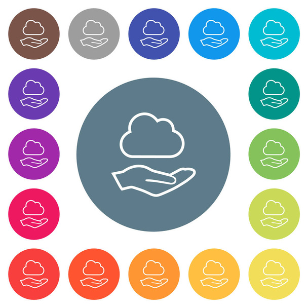 Los servicios en la nube describen iconos blancos planos sobre fondos de color redondos. 17 variaciones de color de fondo se incluyen. - Vector, imagen
