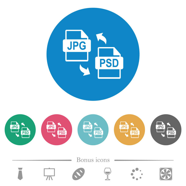 Conversión de archivos PSD JPG iconos blancos planos sobre fondos de color redondo. 6 iconos de bonificación incluidos. - Vector, imagen