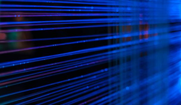 Líneas de luz azul y puntos de cables de fibra óptica sobre un fondo oscuro, idea de comunicaciones por computadora, enfoque selectivo, desenfoque, fondo oscuro - Foto, Imagen
