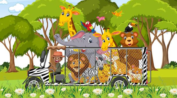 Safari-Szene mit wilden Tieren im Käfigwagen - Vektor, Bild