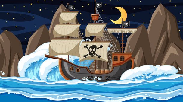 Ocean z Pirate statku na scenie w nocy w stylu kreskówki ilustracja - Wektor, obraz