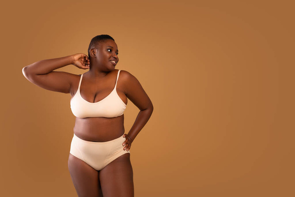Portrait Of Curvy African American Woman In Underwear - Photo, Image