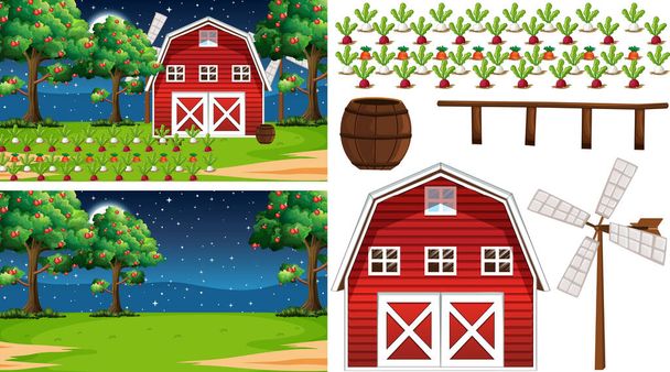 Farm element set isolated with farm scene illustration - Vector, Image