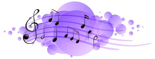 Símbolos de melodia musical na ilustração splotch roxo - Vetor, Imagem