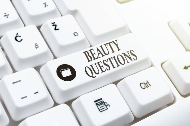 Text caption presenting Beauty Questions. Business showcase a sentence or phrase used to find out information Internet Browsing And Online Research Study Typing Your Ideas - Photo, Image