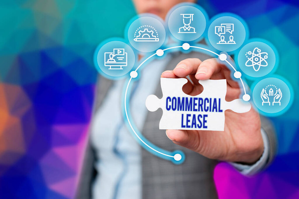 Text caption presenting Commercial Lease. Word for contract between a landlord and a business property tenants Business Woman Holding Jigsaw Puzzle Piece Unlocking New Futuristic Tech. - Photo, Image