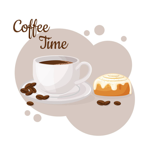 Egy csésze kávé és fahéjas tekercs. Kávészünet. Elszigetelt kézzel rajzolt vektor illusztrációja aranyos reggeli élelmiszer.  - Vektor, kép