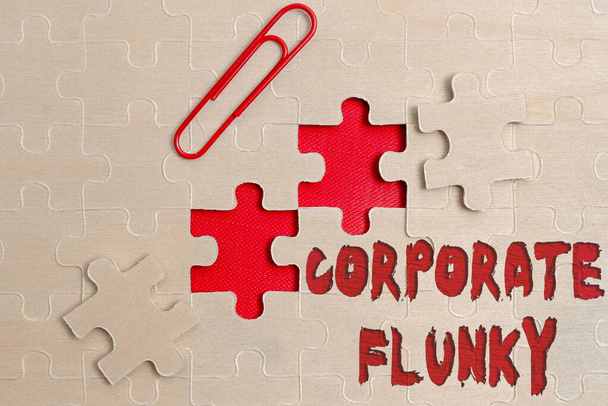 Handwriting text Corporate Flunky. Word Written on someone who works obediently for another person in company Building An Unfinished White Jigsaw Pattern Puzzle With Missing Last Piece - Valokuva, kuva