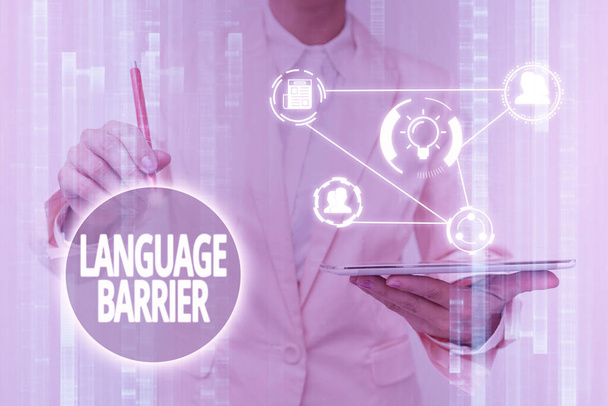 Conceptual caption Language Barrier. Word Written on difficulties in communication Speaking different language Lady In Uniform Touching And Using Futuristic Holographic Technology. - Photo, Image