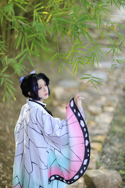 Japón anime cosplay retrato de chica con traje cómico con jardín temático japonés - Foto, imagen