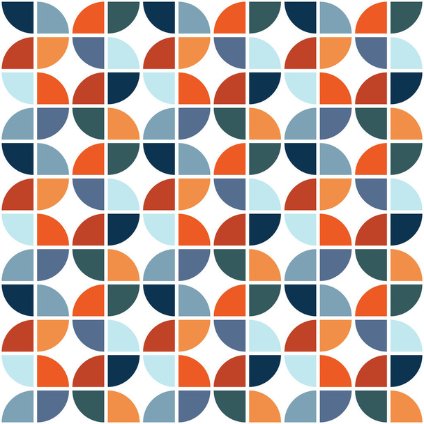 Motif sans couture avec une décoration géométrique colorée (orange, rouge, bleu, bleu marine, bleu clair, turquoise) sur fond blanc - Photo, image