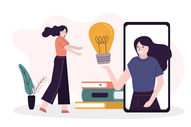 Woman offers student idea of online learning. Female character holding big light bulb. Teacher offers to go home schooling. Concept of online education and e-learning. Trendy flat vector illustration - ベクター画像