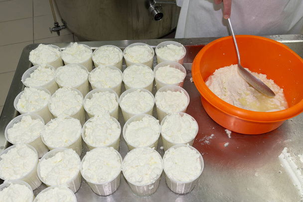 Фази виробництва рикоти на сирній фабриці в Греції. - Фото, зображення