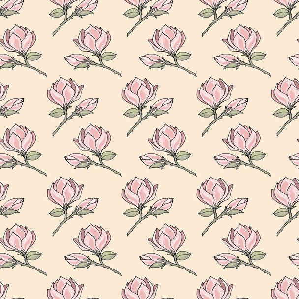 Seamless pattern with branches, flowers, buds of magnolia in pastel shades. Vector illustration for festive design, packaging, wallpaper, fabric, textile, stationery, accessories. - Vektor, kép