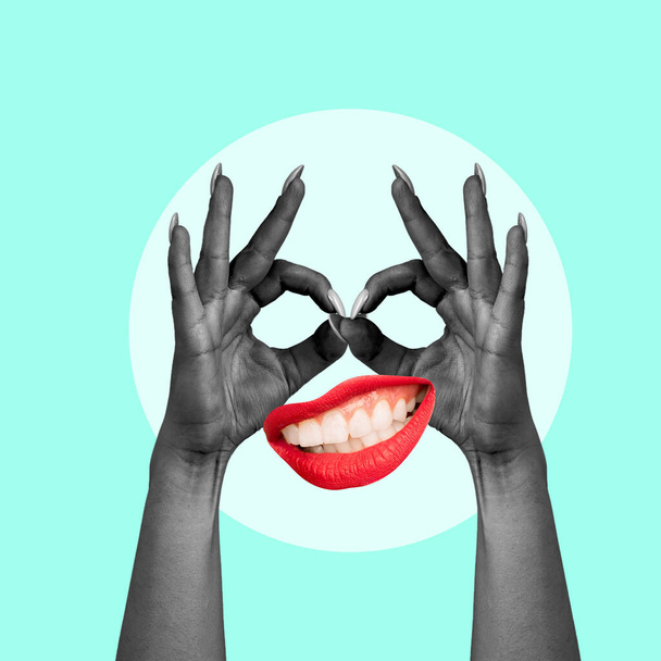 Kortárs művészeti kollázs női kezekkel és mosolygós szájjal. Modern művészeti design trendi színekben. - Fotó, kép