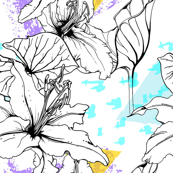 Floral Black White Print. Tropical Jungle Leaf on Geometric Brush Shapes. Modern Motif. Foliage Summer Seamless Pattern. Trending Vector Background. Artistic Botanical Surface. Plant Texture Fashion. - Vector, Imagen