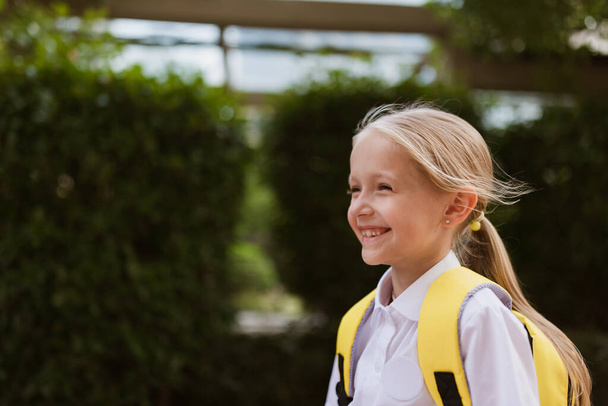 Schoolgirl back to school after summer vacations. Child in uniform smiling early morning outdoor.  - Foto, imagen