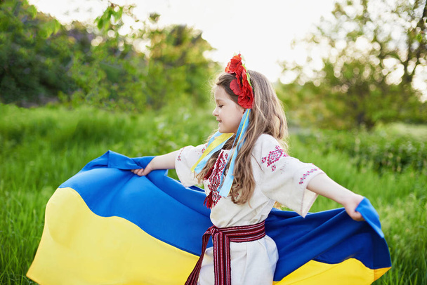 Ukraines Independence Flag Day. Constitution day. Ukrainian child girl in embroidered shirt vyshyvanka with yellow and blue flag of Ukraine in field. flag symbols of Ukraine. Kyiv, Kiev day - Фото, зображення