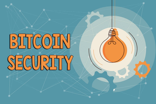 Χειρόγραφο κείμενο Bitcoin Ασφαλείας. Word for funds are locked in a public key cryptography system Κρίσιμη και λογική σκέψη έννοια, αφηρημένες φωτεινές ιδέες και σχέδια - Φωτογραφία, εικόνα