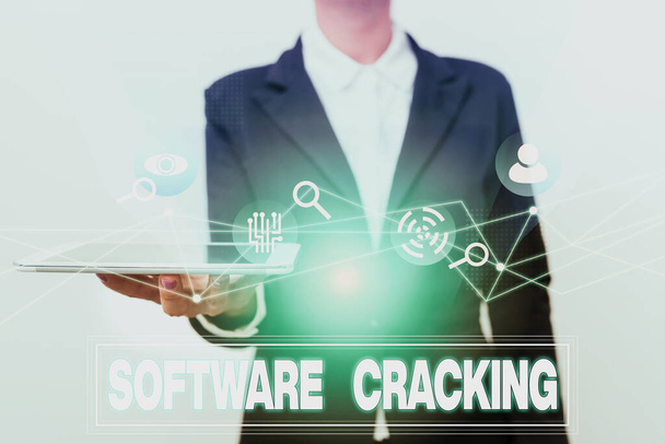 Sign displaying Software Cracking. Business approach modification of software to remove or disable features Woman In Uniform Displaying Mobile Device Futuristic Virtual Tech. - Photo, Image